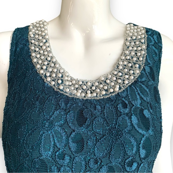 NY COLLECTION SPARKLY TEAL LACE EVENING GOWN & PEARL NECKLINE. WOMEN’S SIZE L - Picture 5 of 10